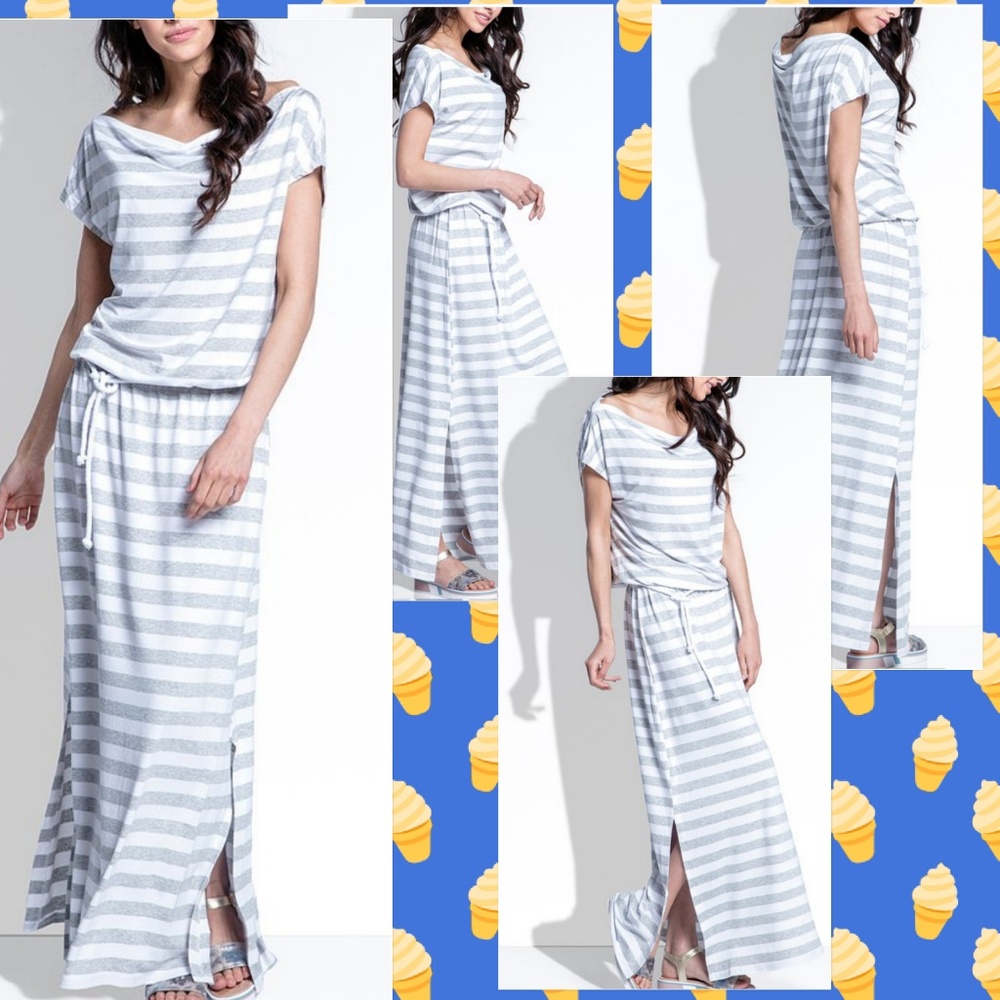 🎉HP Gray & White Stripe Blouson Belted Maxi Dress